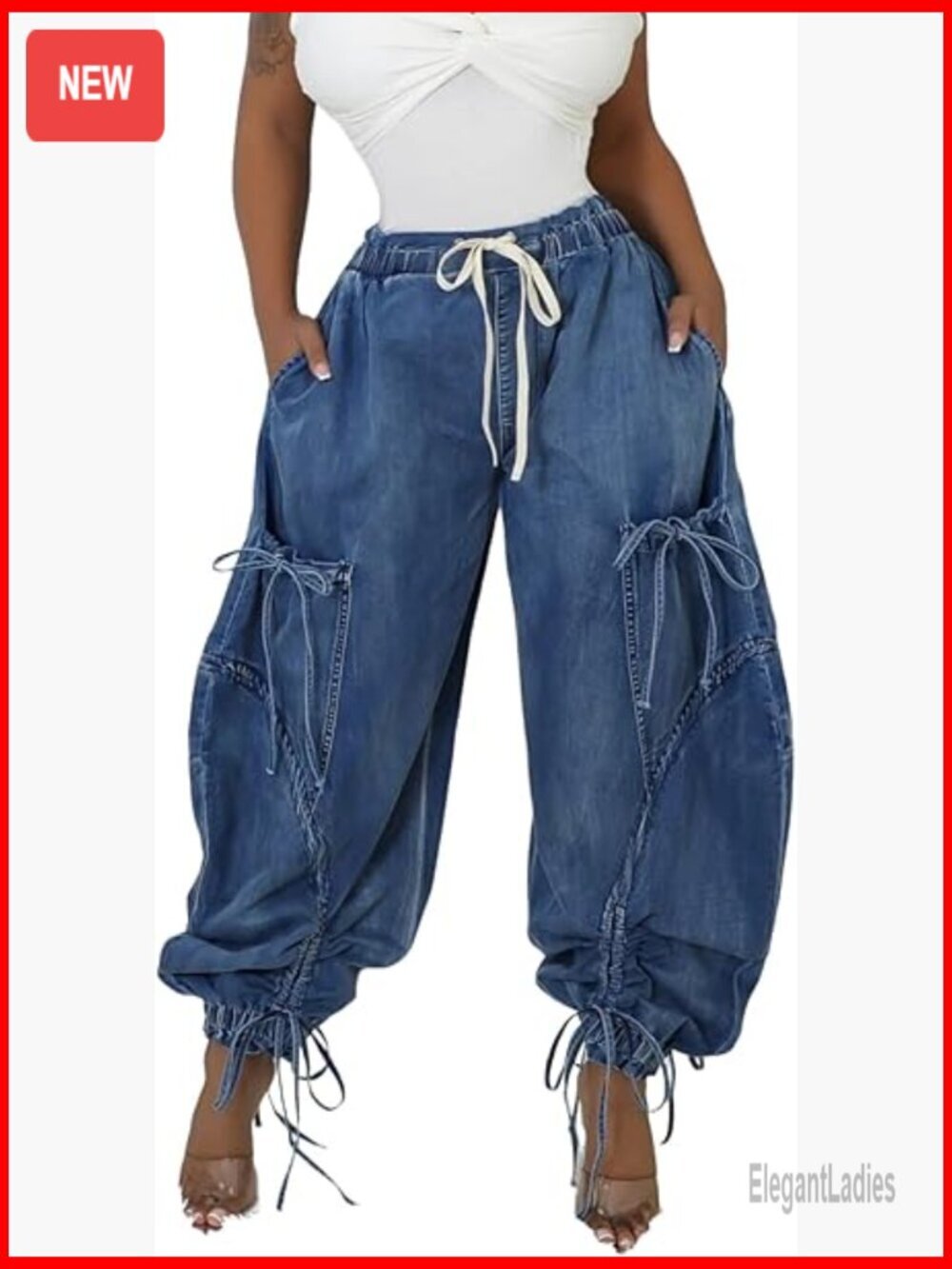 High Waisted Wide Leg Denim Joggers with Drawstring and Bow Tie Cargo Pockets